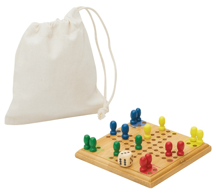 Ludo houten spel in katoenen zakje